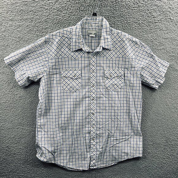 Wrangler Mens Western Shirt 2XL White Blue Plaid Pearl Snap Short Sleeve Pockets - Picture 1 of 8